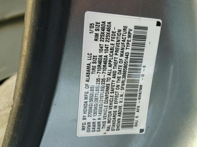 5FNRL38885B051443 - 2005 HONDA ODYSSEY TO GRAY photo 10