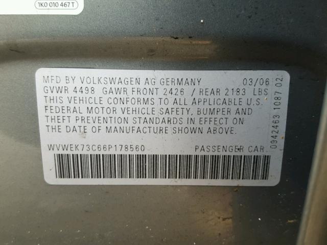 WVWEK73C66P178560 - 2006 VOLKSWAGEN PASSAT 2.0 GRAY photo 10