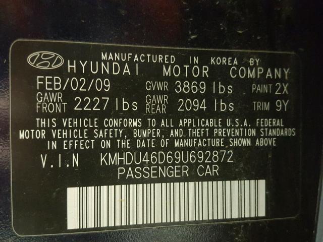 KMHDU46D69U692872 - 2009 HYUNDAI ELANTRA GL BLUE photo 10