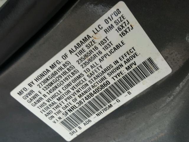 5FNRL38748B405860 - 2008 HONDA ODYSSEY EX CHARCOAL photo 10