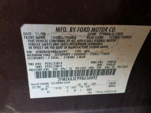 2FMEK63C99BA50492 - 2009 FORD FLEX LIMIT BURGUNDY photo 10