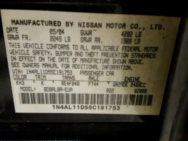 1N4AL11D55C191753 - 2005 NISSAN ALTIMA S BLACK photo 10