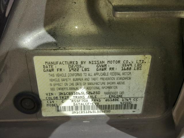 3N1CB51D65L526250 - 2005 NISSAN SENTRA 1.8 GRAY photo 10