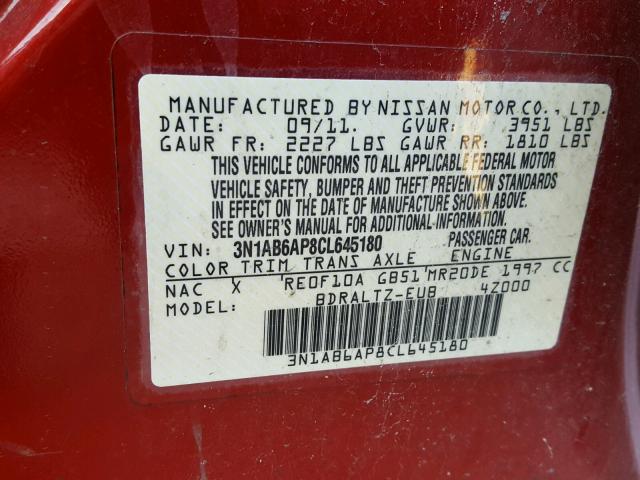 3N1AB6AP8CL645180 - 2012 NISSAN SENTRA 2.0 MAROON photo 10