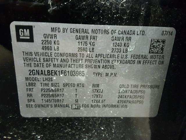 2GNALBEK1F6103985 - 2015 CHEVROLET EQUINOX LT BLACK photo 10