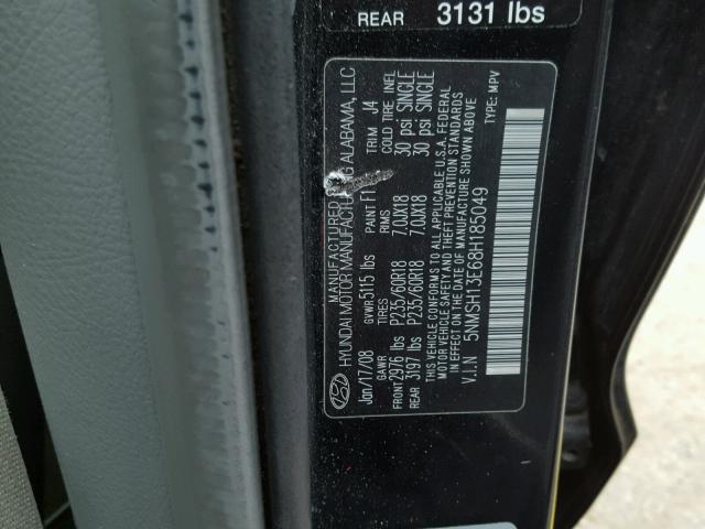 5NMSH13E68H185049 - 2008 HYUNDAI SANTA FE S BLACK photo 10