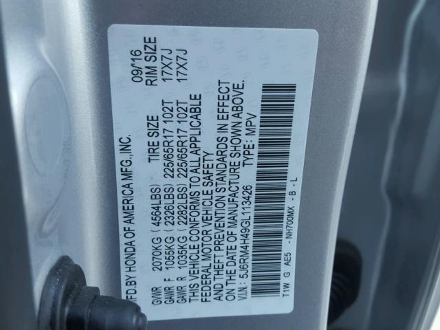 5J6RM4H49GL113426 - 2016 HONDA CR-V SE SILVER photo 10