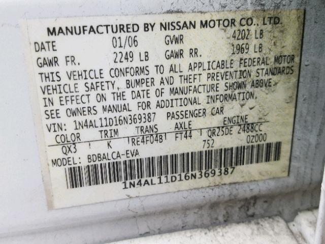 1N4AL11D16N369387 - 2006 NISSAN ALTIMA S CREAM photo 10