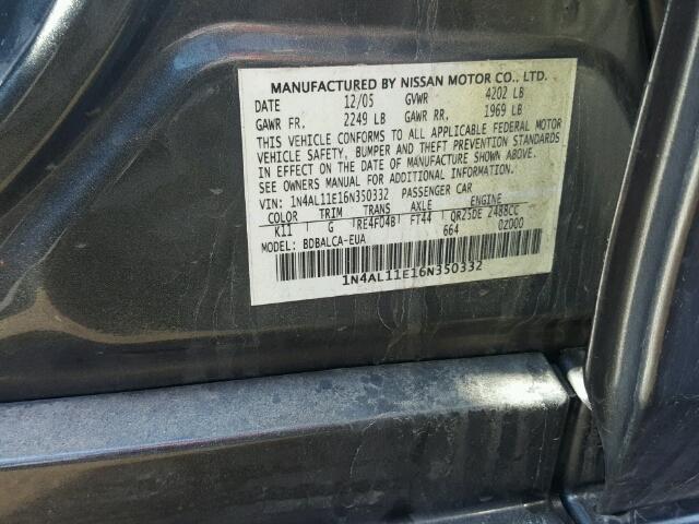 1N4AL11E16N350332 - 2006 NISSAN ALTIMA S CHARCOAL photo 10