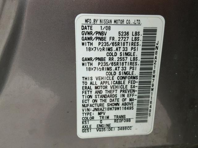 JN8AZ18W79W116495 - 2009 NISSAN MURANO S GRAY photo 10