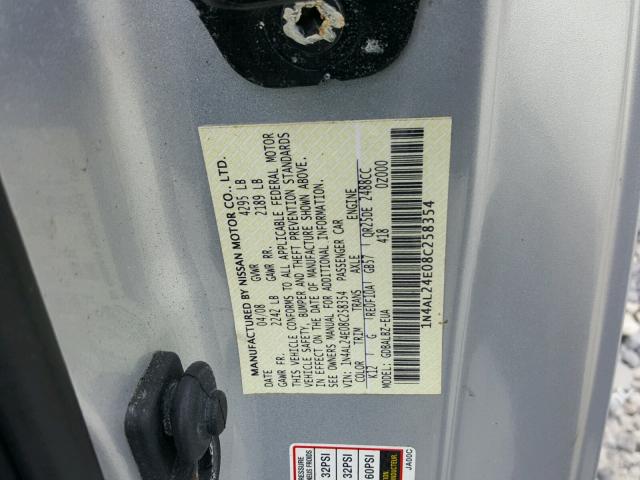 1N4AL24E08C258354 - 2008 NISSAN ALTIMA 2.5 SILVER photo 10