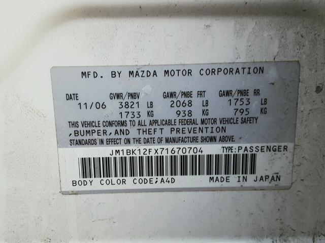 JM1BK12FX71670704 - 2007 MAZDA 3 I WHITE photo 10
