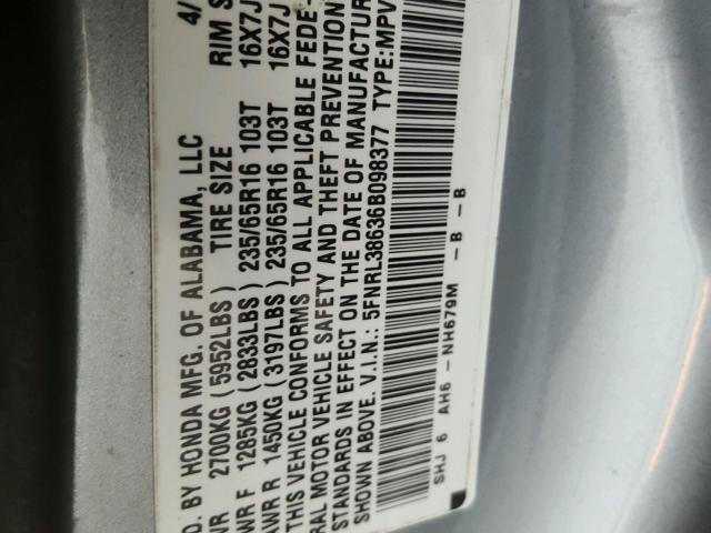 5FNRL38636B098377 - 2006 HONDA ODYSSEY EX GRAY photo 10