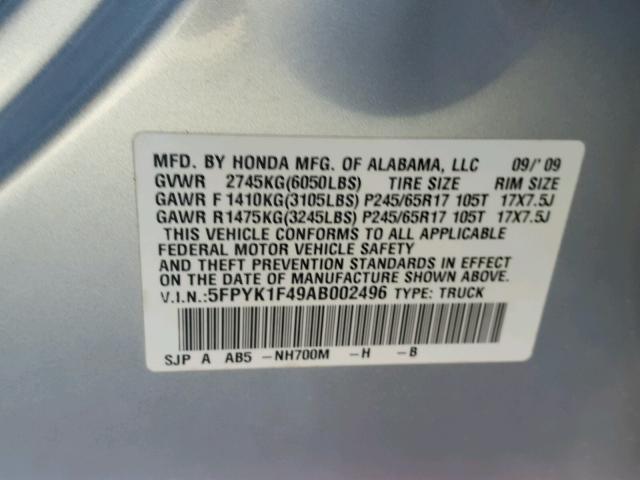 5FPYK1F49AB002496 - 2010 HONDA RIDGELINE SILVER photo 10