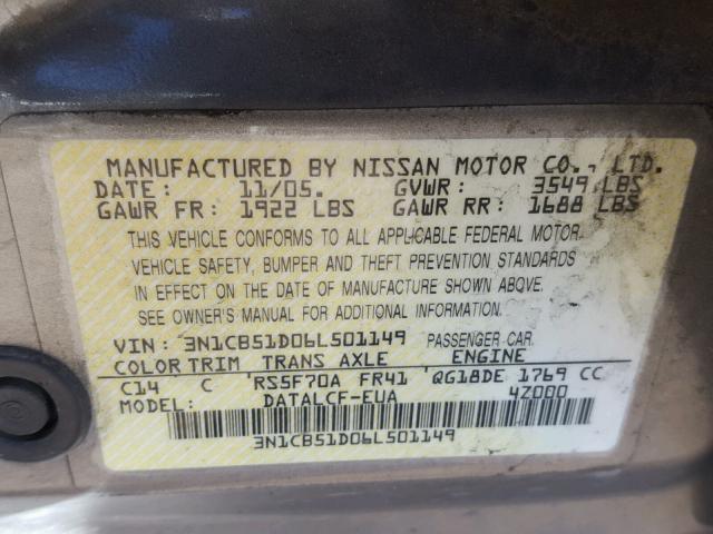 3N1CB51D06L501149 - 2006 NISSAN SENTRA 1.8 GRAY photo 10