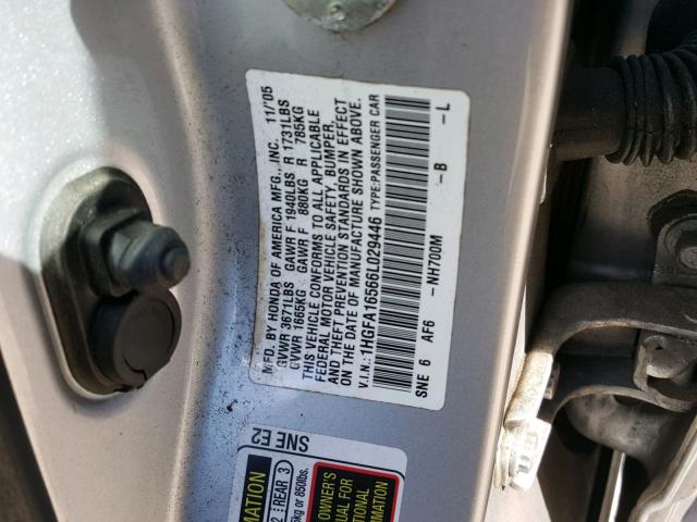 1HGFA16566L029446 - 2006 HONDA CIVIC LX SILVER photo 10