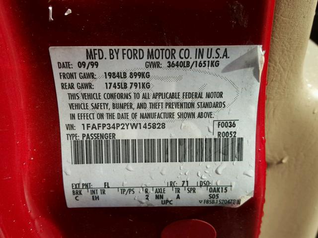 1FAFP34P2YW145828 - 2000 FORD FOCUS SE RED photo 10