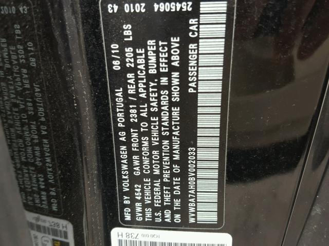 WVWBA7AH0BV002033 - 2011 VOLKSWAGEN EOS KOMFOR 黑色 照片 10