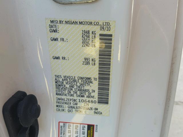 1N4AL2EP3BC106480 - 2011 NISSAN ALTIMA S WHITE photo 10