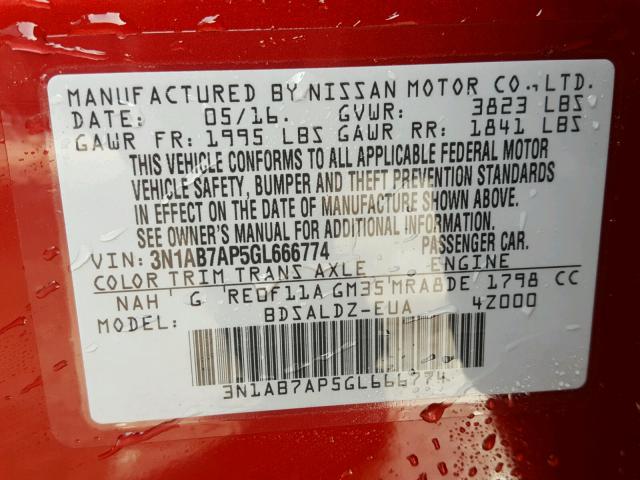 3N1AB7AP5GL666774 - 2016 NISSAN SENTRA S RED photo 10