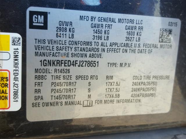 1GNKRFED4FJ278651 - 2015 CHEVROLET TRAVERSE L CHARCOAL photo 10