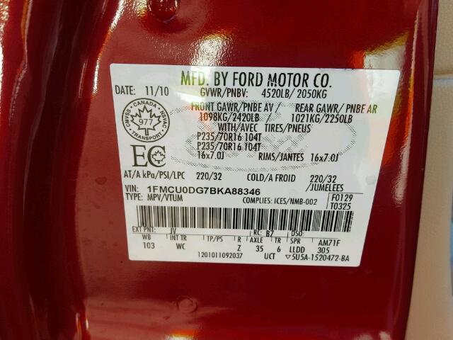 1FMCU0DG7BKA88346 - 2011 FORD ESCAPE XLT RED photo 10