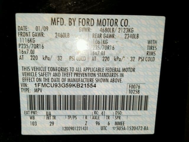 1FMCU93G59KB21554 - 2009 FORD ESCAPE XLT BLACK photo 10