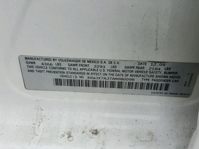 3VWJX7AJ7AM080098 - 2010 VOLKSWAGEN JETTA S WHITE photo 10