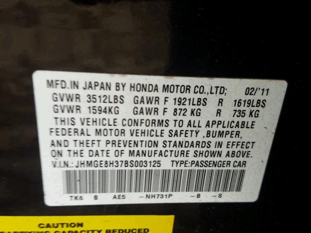 JHMGE8H37BS003125 - 2011 HONDA FIT BLACK photo 10