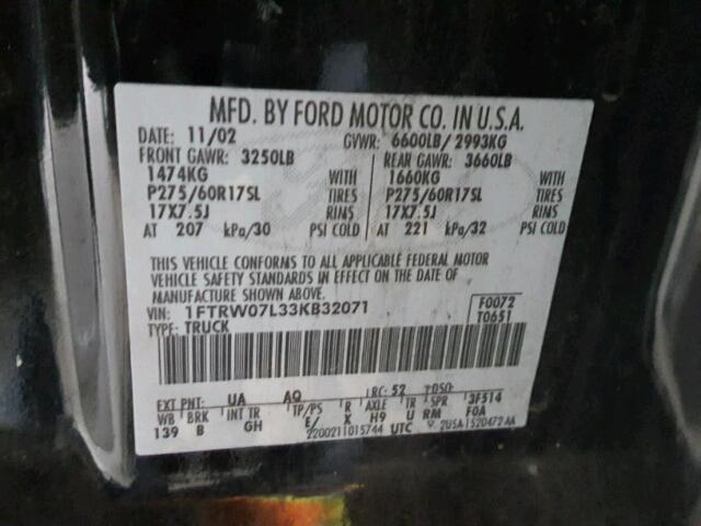 1FTRW07L33KB32071 - 2003 FORD F150 SUPER BLACK photo 10