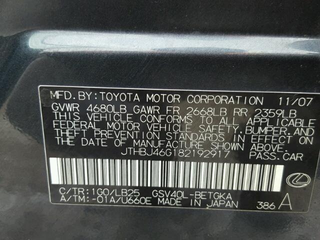 JTHBJ46G182192917 - 2008 LEXUS ES 350 CHARCOAL photo 10