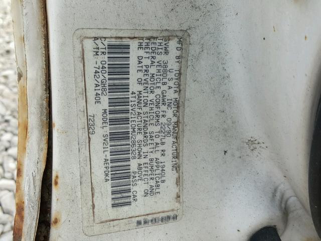 4T1SV21E0MU286328 - 1991 TOYOTA CAMRY DLX WHITE photo 10