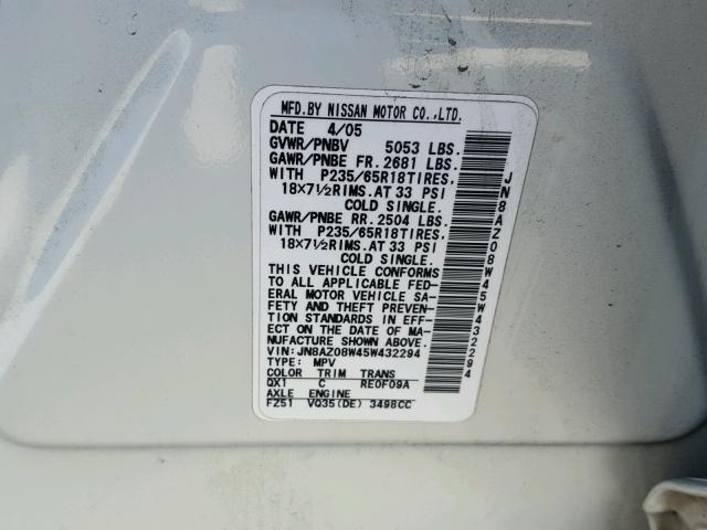 JN8AZ08W45W432294 - 2005 NISSAN MURANO SL WHITE photo 10