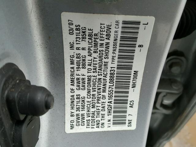 1HGFA16557L088831 - 2007 HONDA CIVIC LX SILVER photo 10