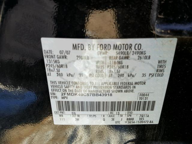 2FMDK49C57BB43918 - 2007 FORD EDGE SEL P BLACK photo 10