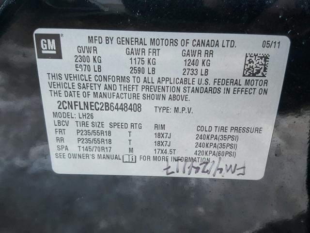 2CNFLNEC2B6448408 - 2011 CHEVROLET EQUINOX LT BLACK photo 10