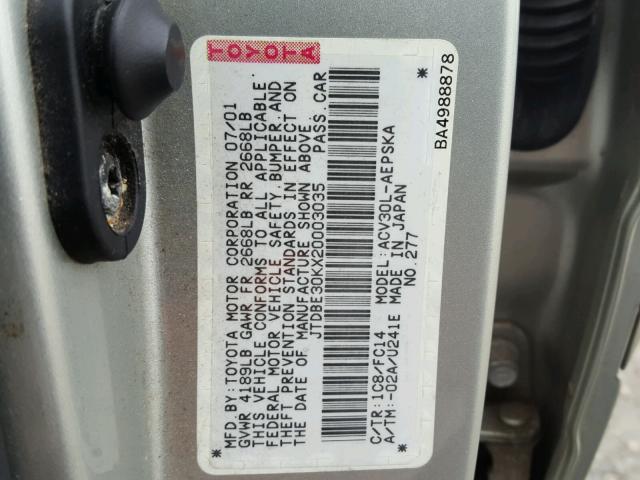 JTDBE30KX20003035 - 2002 TOYOTA CAMRY LE SILVER photo 10