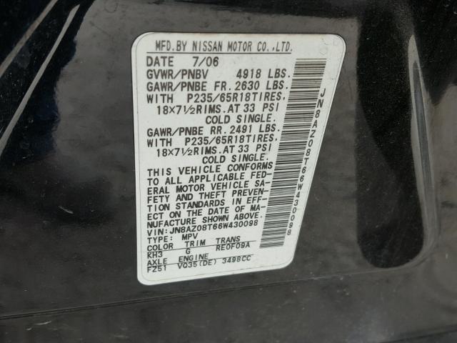 JN8AZ08T66W430098 - 2006 NISSAN MURANO SL BLACK photo 10