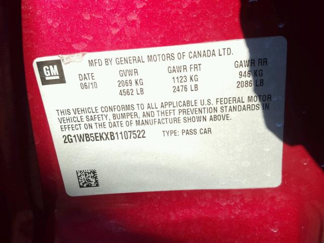 2G1WB5EKXB1107522 - 2011 CHEVROLET IMPALA LT RED photo 10