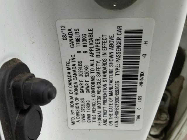 2HGFB2F90CH592636 - 2012 HONDA CIVIC EXL WHITE photo 10