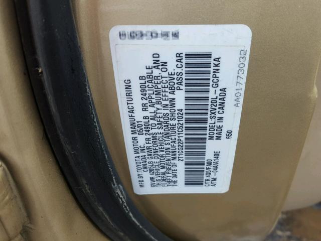 2T1CG22P11C521024 - 2001 TOYOTA CAMRY SOLA GOLD photo 10