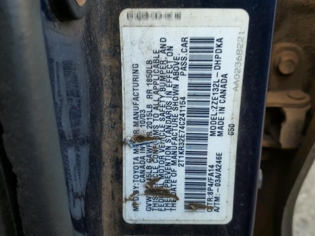 2T1KR32E74C241154 - 2004 TOYOTA MATRIX BLUE photo 10