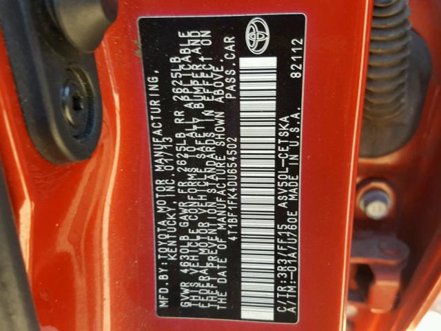 4T1BF1FK4DU654502 - 2013 TOYOTA CAMRY L RED photo 10