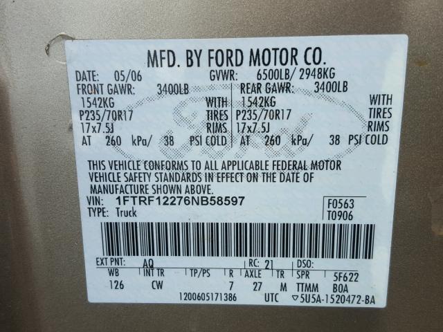 1FTRF12276NB58597 - 2006 FORD F150 GOLD photo 10