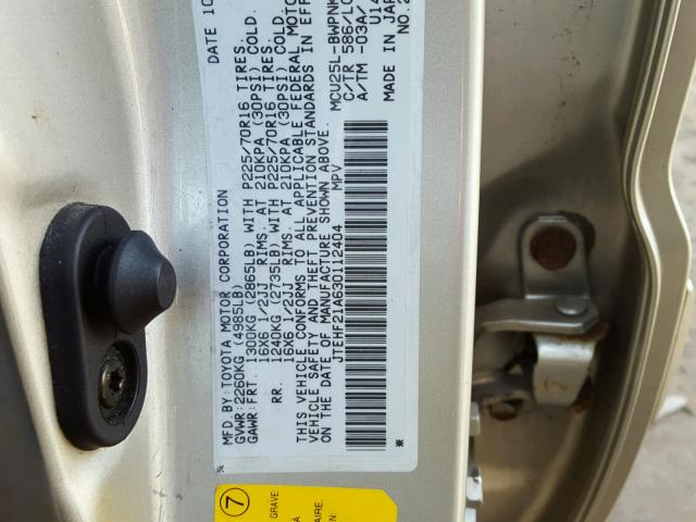 JTEHF21A630112404 - 2003 TOYOTA HIGHLANDER BEIGE photo 10