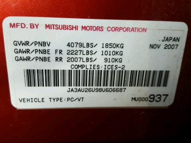 JA3AU26U98U606687 - 2008 MITSUBISHI LANCER ES RED photo 10