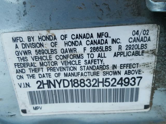 2HNYD18832H524937 - 2002 ACURA MDX TOURIN BLUE photo 10