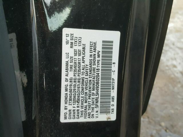 5FNRL5H49DB020418 - 2013 HONDA ODYSSEY EX BLACK photo 10