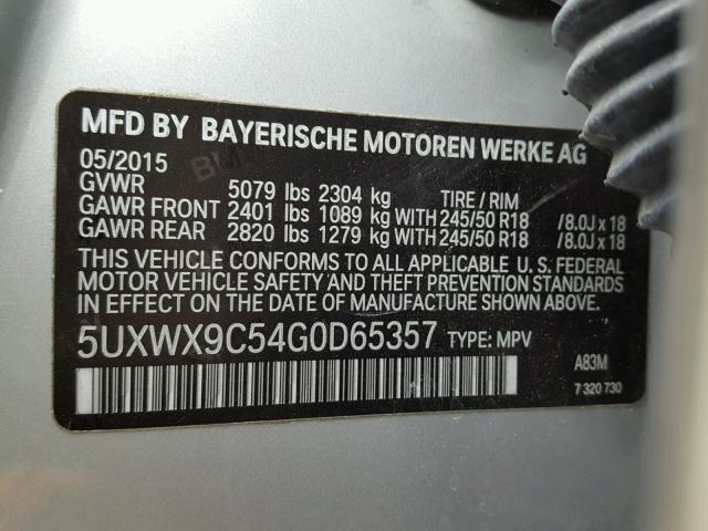 5UXWX9C54G0D65357 - 2016 BMW X3 XDRIVE2 SILVER photo 10