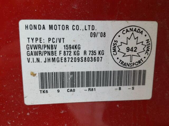 JHMGE87209S803607 - 2009 HONDA FIT RED photo 10